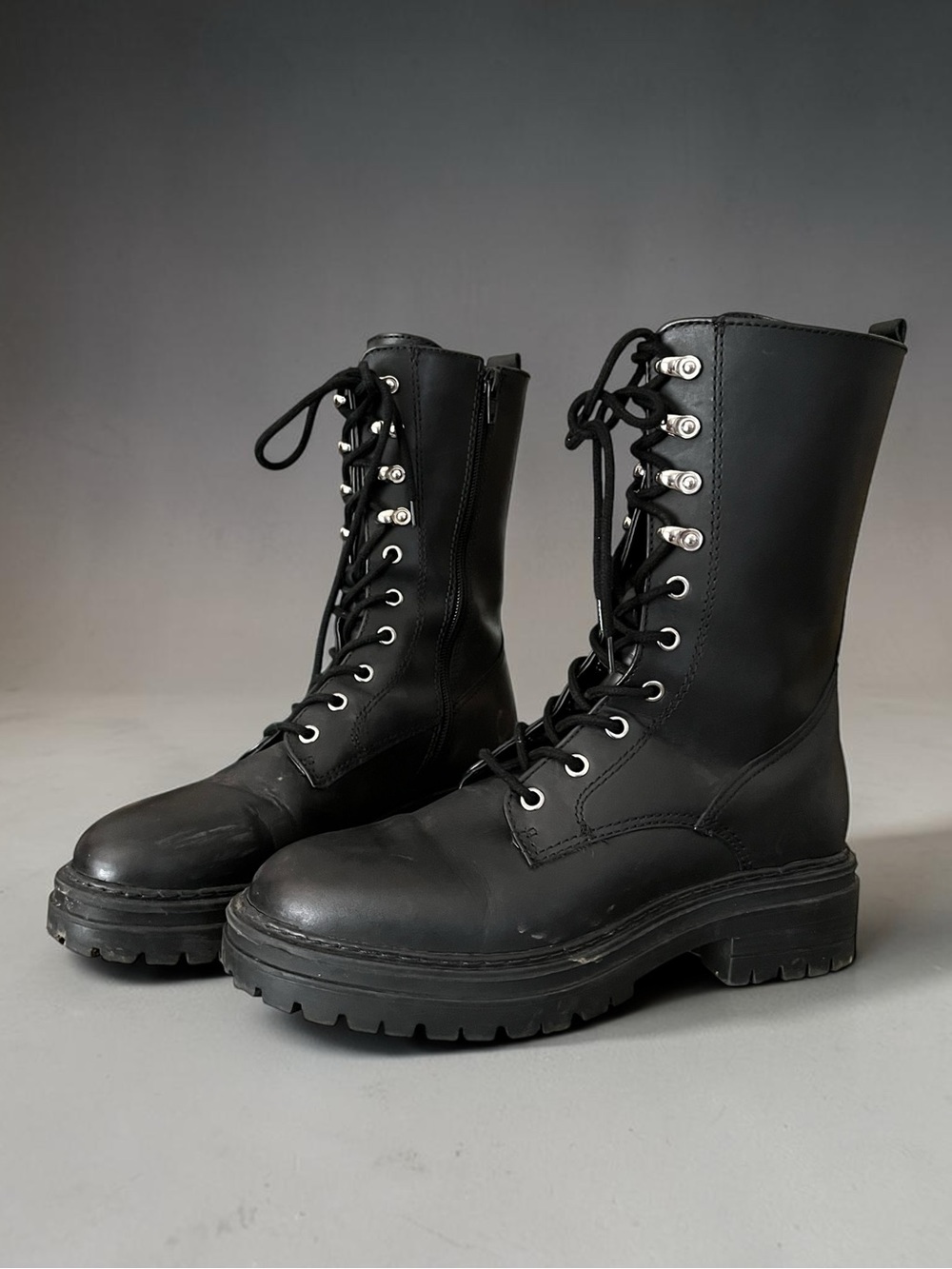 Steve Madden Aiken Black Leather Combat Boots Lace Up Size 8